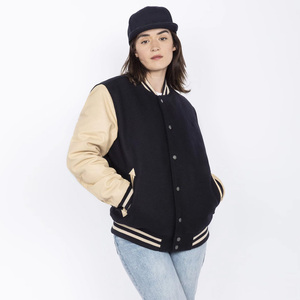 New Letterman Women's Varsity <b>Jacket</b> Black Beige Contrast Color Full Sleeve Turn-down Collar Autumn Wear - Product Image 4