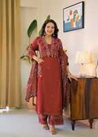 Ensemble Salwar en coton roux longueur cheville avec broderie et dupatta – Tenue ethnique traditionnelle pour femme, Inde et Pakistan, décontractée, séchage rapide, toutes saisons