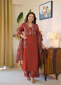 Conjunto de Salwar de Algodón Color Óxido, Largo hasta el Tobillo, con Bordado y Dupatta, Ropa Étnica Tradicional para Mujer, India, Pakistán, Casual, de Secado Rápido - Product Image 3