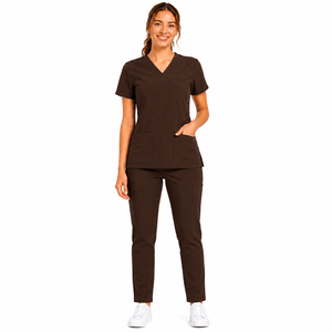 Brown Women's <b>Scrub</b> <b>Set</b> With Pockets Elastic Waist Mid Rise Casual Fit Breathable Polyester Pants And Top Spring Wear - Product Image 1