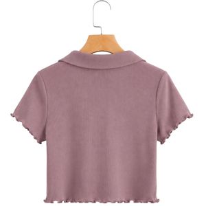 เสื้อโปโลครอปผู้หญิงสีม่วงอ่อนแบบสั่งทำพิเศษ ผ้าถักลายริบ แขนสั้น ทรงเข้ารูป คอวี ชายเสื้อแบบลูกไม้ ยืดหยุ่น สวมใส่สบาย แฟชั่นทันสมัย - Product Image 2