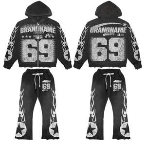 Ensemble survêtement vintage évasé pour homme avec sweat à capuche zippé et pantalon de jogging, style streetwear délavé à l'acide, personnalisable (OEM) - Product Image 1