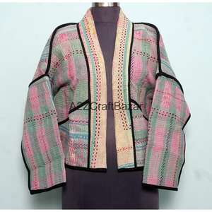 Veste à col roulé boutonnée vintage Kantha faite à la main, réversible, écologique, respirante, à séchage rapide, en coton pur pour femmes, printemps-hiver - Product Image 1