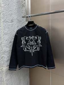 T-shirt à manches longues surdimensionné pour homme avec motif lion, bordure contrastée, col rond, jersey décontracté, tricoté, 100% coton, haut éco-responsable - Product Image 4