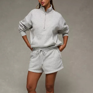 Custom Manufacturers New Arrival <b>Women's</b> Solid Stand <b>Quarter</b> <b>Zip</b> <b>Sweatshirt</b> Cotton Hoodie Flare Shorts 2 Piece Tracksuits Sets - Product Image 1