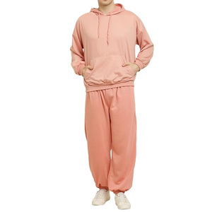 Unisex <b>Pink</b> Hooded <b>Tracksuit</b> Full Length Casual Loose Fit With Side Pockets Autumn Style 100% Cotton Elastic Waist - Product Image 1