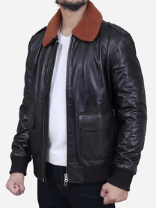 <b>Men</b> Genuine Black <b>Leather</b> <b>Jacket</b> <b>Brown</b> Fur Shearling Collar Bomber Aviator Winter <b>Jacket</b> - Product Image 3