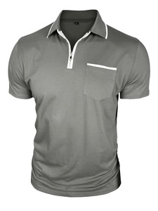 Polo en tricot à manches courtes pour homme, couleur unie, col boutonné décontracté, haut décontracté avec col zippé et poche - Product Image 4