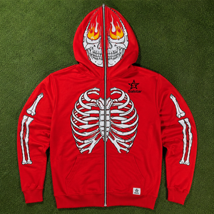 Salstar Men's <b>Red</b> Hooded Zip-Up Sweatshirt With Skeleton Print Gothic Style Regular Fit Knitted Polyester <b>Hoodie</b> - Product Image 6