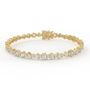 Eclectic Multi Shape Diamond Asymmetric Tennis Bracelet 14kt 18kt Gold Mixed Cut Round Oval Pear Heart <b>Emerald</b> Link Wristband - Product Image 2