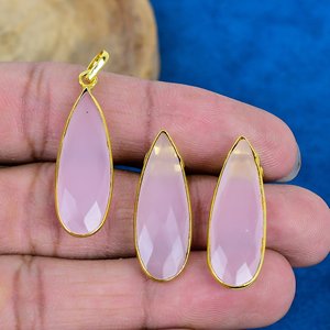 Natural Pink Chalcedony Pear Shape Gemstone <b>Stud</b> Earring With Pendant 18k Gold Finish Over 925 Sterling <b>Silver</b> - Product Image 4