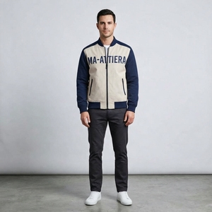 Chaqueta Bomber Color Crema y Azul Marino para Hombre, con Cierre, Estilo Casual Urbano, Chaqueta de Moda, Personalizable OEM ODM, Venta al Por Mayor - Product Image 1