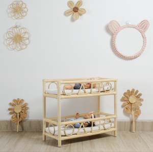 Lit superposé pour poupées en rotin naturel avec coussin, mini étagère de rangement, lit double tressé vintage pour maison de poupée, pour jeu d'imitation en crèche - Product Image 6
