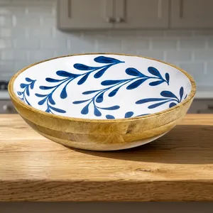 Handcrafted Wooden Decorative Serving <b>Bowl</b> with Blue Floral Print White Interior Mango Wood Salad Fruit <b>Snack</b> <b>Bowl</b> for Dining - Product Image 5
