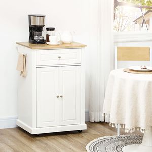 Carrello da Cucina Moderno Bianco Crema, Trolley Portatile con Cassetto in Acciaio Inox e Ripiano in Stile Legno - Product Image 2