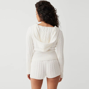 Customized Women's Casual Slim Fit Long Sleeve V Neck Hooded <b>Sweater</b> Mohair Knitted Sweatshirt Front Logo 2 Piece <b>Set</b> Shorts - Product Image 5