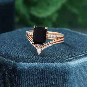 Black Onyx Ring Emerald Cut Ring Set Of 3PCS 925 Sterling <b>Silver</b> 14K Gold Plated Wedding Engagement Ring - Product Image 3