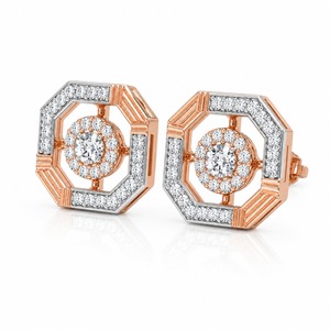 Pendientes de Oro Rosa con Diamantes, Corte Brillante Redondo, Diseño Geométrico de Halo, Joyería Fina de Lujo para Mujer - Product Image 4