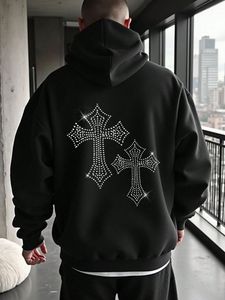 Sudadera con Capucha de Hombre Estilo Urbano con Pedrería y Estampado de Estrellas Brillantes, Ajuste Holgado, Casual, para Otoño e Invierno - Product Image 3