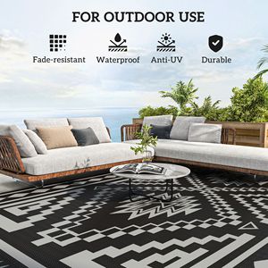 Tappeto da esterno reversibile nero e grigio impermeabile in plastica con borsa da trasporto 9X18 'quadrato Patchwork Design - Product Image 6