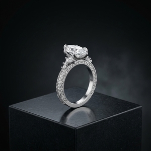 Bague de fiançailles en or blanc 10k 14k 18k avec diamant hexagonal allongé de laboratoire, coupe latérale, style vintage, filigrane gravé en or - Product Image 2