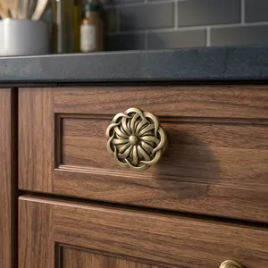 Antique Brass Floral Cabinet Knob Decorative Drawer Pull <b>Handle</b> Vintage Furniture Knob for Cabinet Wardrobe <b>Cupboard</b> Dresser - Product Image 4