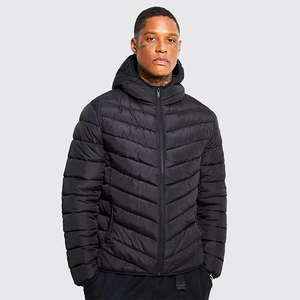 Men Hooded Puffer <b>Jacket</b> Black Polyester Windproof Winter Casual Coat Regular Fit Quilted <b>Zipper</b> Closure - Product Image 1