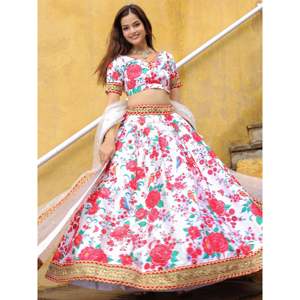 Séduisant blanc cassé imprimé floral Art soie Sangeet Wear Lehenga Choli - Product Image 6