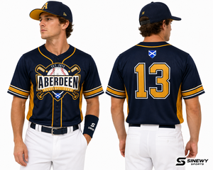 Maillot de baseball SINEWY SPORTS pour homme, manches courtes, bleu marine et or, sublimé, anti-transpiration, coupe classique, adulte - Product Image 4
