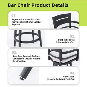 Chaises de bar pivotantes d'extérieur modernes en 2 parties, structure en aluminium noir anthracite, pivotantes à 360°, dossier ergonomique, accoudoirs - Product Image 5