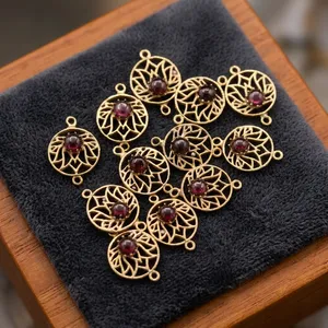 Wholesale Garnet Brass <b>Charms</b>, Round Filigree Gemstone Connectors <b>for</b> Necklace <b>Bracelet</b> Making - Product Image 6