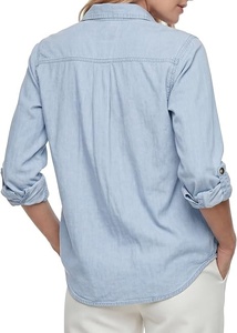 เสื้อเชิ้ตผ้าฝ้ายสีฟ้าอ่อนสำหรับผู้หญิง แขนสามส่วน สีพื้น ปกคอปก มีกระเป๋า ทรงปกติ เสื้อฤดูร้อน - Product Image 3