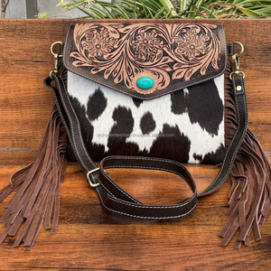Sac à main à franges en cuir de vachette taillé à la main bohème pour femmes Western véritable cuir Turquoise pierre enveloppe sac à main - Product Image 2