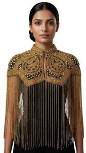 Women's Black Gold Beaded Polyester <b>Cape</b> with Fringe Embroidery Decorative Wrap <b>Wedding</b> Party Wear COTTON COUTURE - Product Image 5
