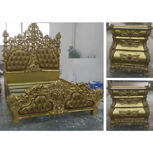 Camas y Juego de Dormitorio con Tallados Únicos de Estilo Real, Camas Clásicas de Madera y Madera de Teca Artesanal, Cama de Madera de Teca Dorada Brillante, EE. UU. - Product Image 1