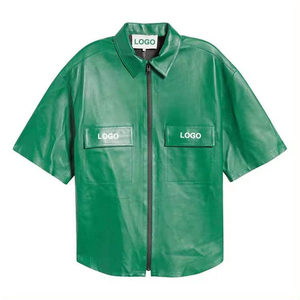 Men's Green Short Sleeve PU Leather Zipper <b>Shirt</b> Turn-Down Collar Workwear Style Solid Color Casual Summer Wear - Product Image 4