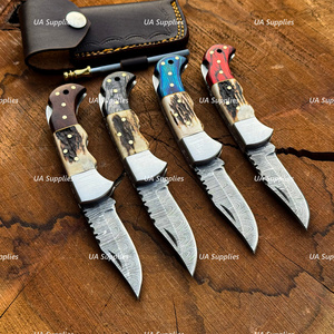 Damascus Steel Folding Knife Set With Elk Horn Handle Serrated Drop Point Hunting Knife EDC Pocket Knife 4-Pack - Product Image 3