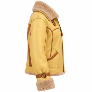 Yellow Mustard Womens Real Sheepskin Leather Shearling Jacket Plush Fleece Collar Buckle Strap Winter Outerwear <b>Coat</b> - Product Image 3