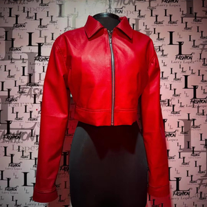 เสื้อแจ็คเก็ตหนังวินเทจสีแดงทรงครอปสำหรับผู้หญิงสไตล์สตรีทแวร์ - Product Image 1