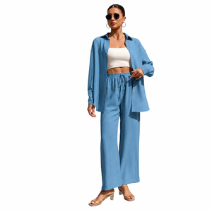 Ensemble 2 pièces en satin pour femme : chemise à manches longues et pantalon large, bleu uni, décontracté, printemps-été, coupe régulière, respirant, longueur complète - Product Image 1