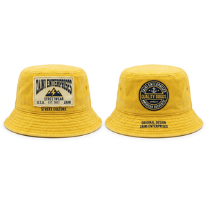 Premium 280 GSM Washed Cotton Canvas Men Bucket Hat Yellow Custom Woven Patch Embroidered Logo Street Style <b>Cap</b> - Product Image 1