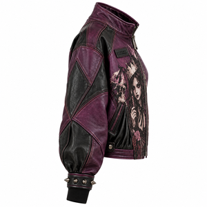 <b>Women</b> Plum Purple Leather <b>Jacket</b> Gothic Queen Portrait Graphic Printed Spiked Studded Stand Collar Bomber Coat Factory Offer - Product Image 3