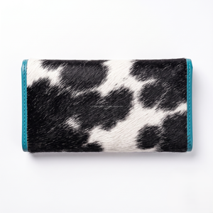 Genuine Cowhide Trifold Clutch <b>Wallet</b> Hair On Hide Black White Western Boho Turquoise Leather <b>Purse</b> With Snap Closure Card Slots - Product Image 2