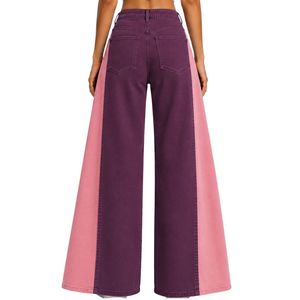 Jean large pour femme violet et rose, taille haute, en denim bicolore, style décontracté streetwear, pantalon tendance coupe ample - Product Image 2