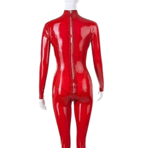 Women's <b>Red</b> PU Coated Long Sleeve Turtleneck Jumpsuit High Waist Skinny Fit Full Length Solid Color Clubwear Spandex Nylon - Product Image 5