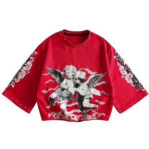 Sweat-shirt graphique ange rouge personnalisé, imprimé chérubin surdimensionné, col clouté, manches larges, style Harajuku Y2K gothique streetwear pour femmes et hommes - Product Image 1