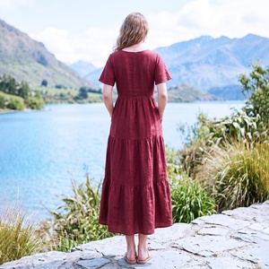 Elegante Vestido Midi de Lino Orgánico con Cuello en V, Corte Holgado, Estilo Vintage, con Lazo y Bolsillos, Talla Grande - Product Image 2