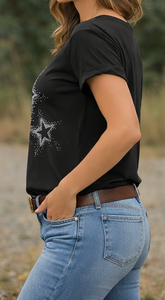 เสื้อยืดผู้หญิงลายอินทรีประดับเพชร สีดำ แขนสั้น คอกลม ทรงเข้ารูป พิมพ์ลายกลิตเตอร์ สวมใส่สบายๆ ระบายอากาศได้ดี เหมาะสำหรับใส่ทุกวัน - Product Image 4