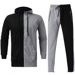 Ensemble de survêtement 2-en-1 bicolore 100 % coton pour homme, sweat à capuche à manches longues avec cordon de serrage, poches latérales, tenue décontractée et sportive respirante - Product Image 1