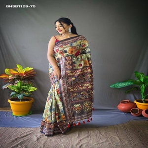 Beautiful Excellent Quality Cotton with Kalamkari Digital Print & Tassels <b>Saree</b>-<b>Blouse</b> Collection Supplier from Surat - Product Image 1